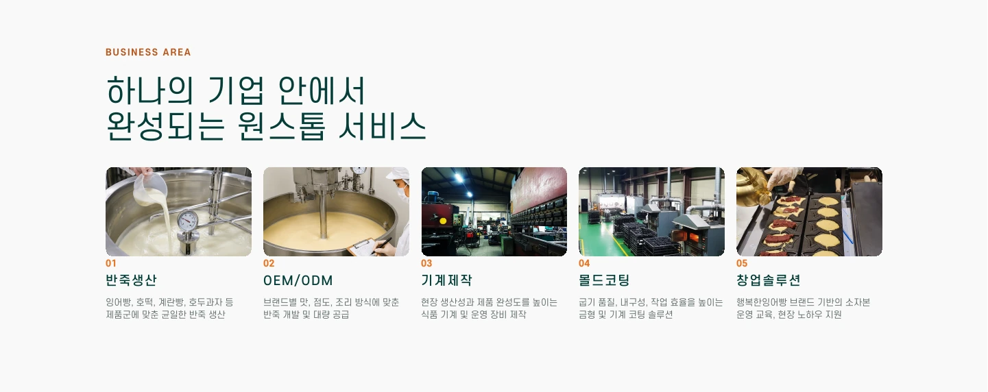 하나의 기업 안에서 완성되는 원스톱 서비스: 반죽 생산, OEM/ODM, 기계 제작, 몰드 설계·코팅, 창업·행사